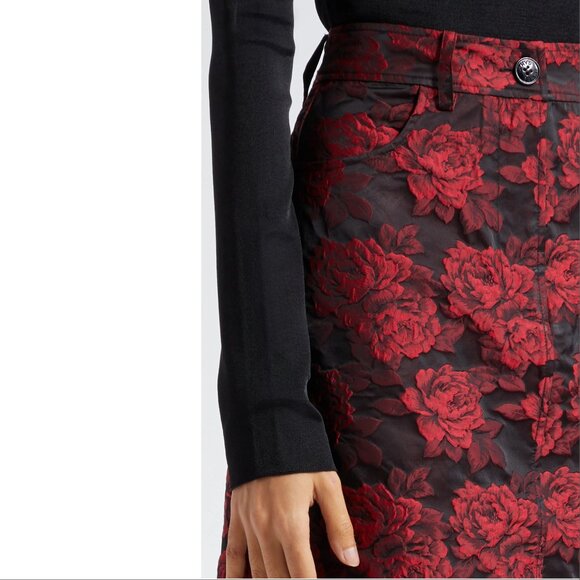 GANNI Floral Jacquard Maxi SKIRT Size 40 8 L High Risk Red Slit Pockets EUC - Picture 3 of 15